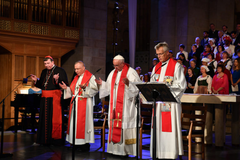 Kurt Cardinal Koch, President Pontifical Council for Promoting Christian Unity; Bishop Munib Younan, President of the Lutheran World Federation; Pope Francis; Reverend Martin Junge, General Secretary of the Lutheral World Federation